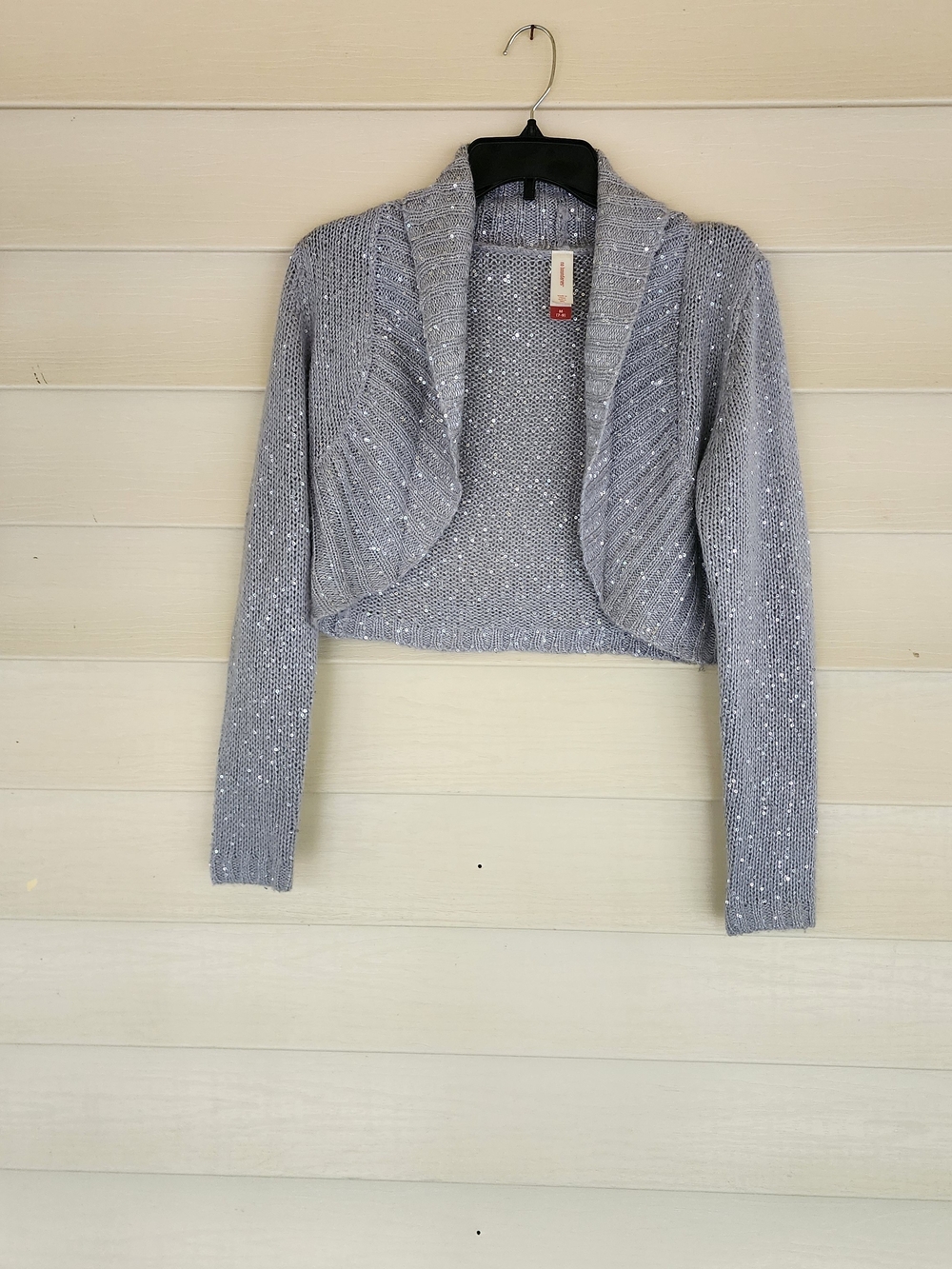 No Boundaries Silver-Accent Light Gray Cropped Bolero Cardigan